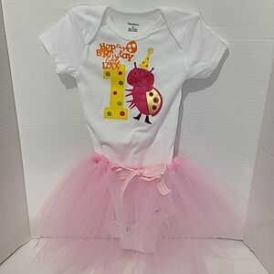Baby Girls Pink Girls Happy 1st Birthday Tutu Outfit Set Sz 18 months Lady Bug.